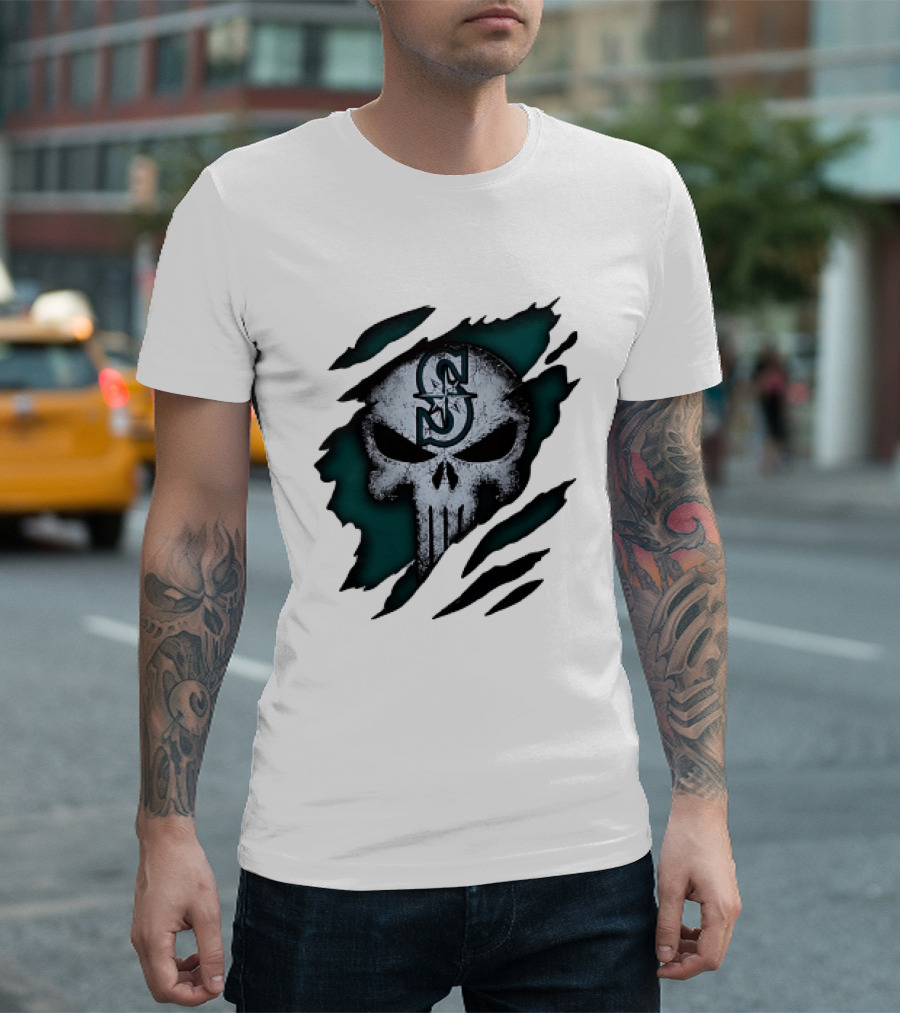 Seattle Mariners Punisher Skull Grunge Tear Effect T-Shirt