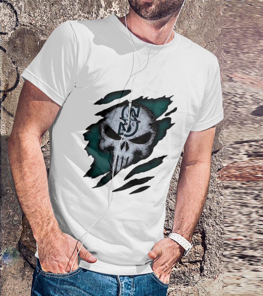 Seattle Mariners Punisher Skull Grunge Tear Effect T-Shirt