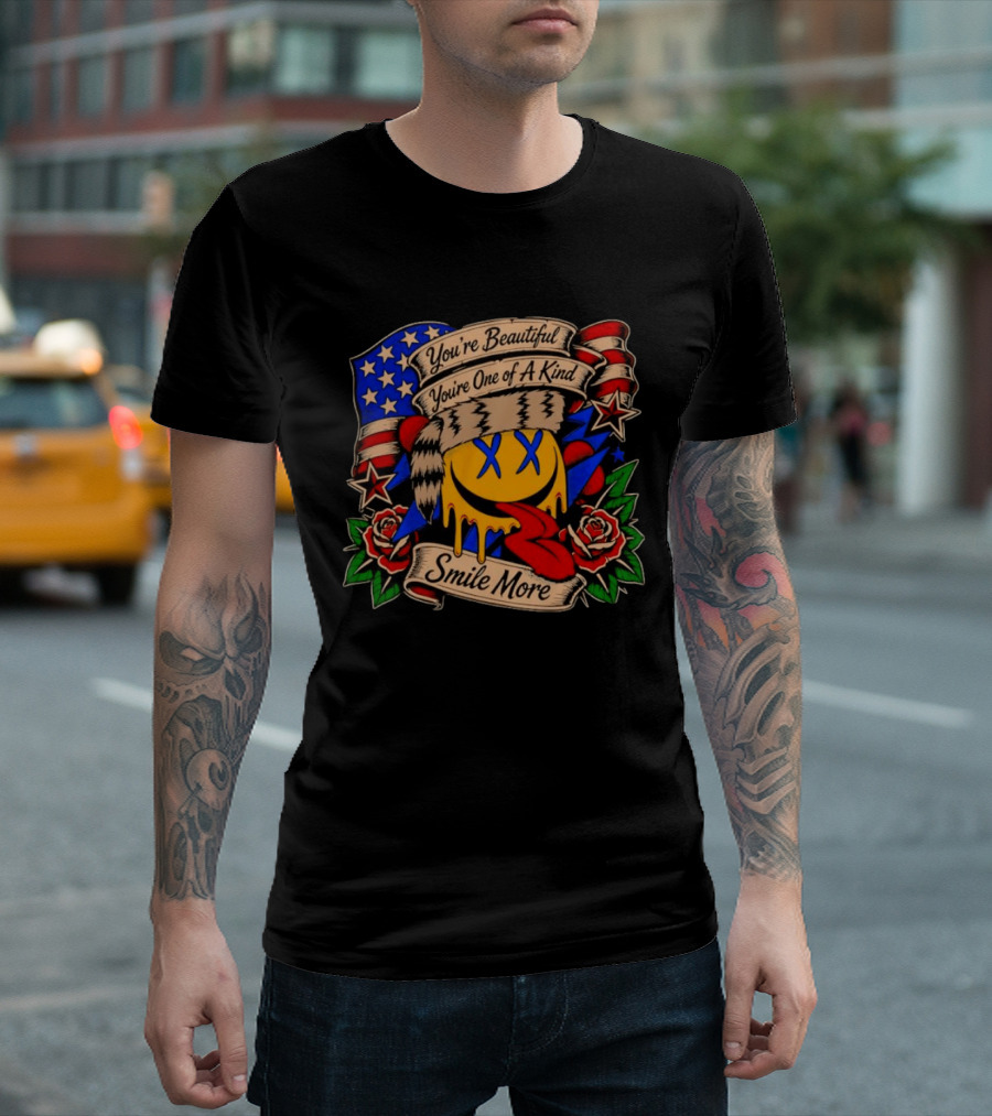 Smile More You're Beautiful You're One Of A Kind American Flag Roses Smiley Face T-Shirt