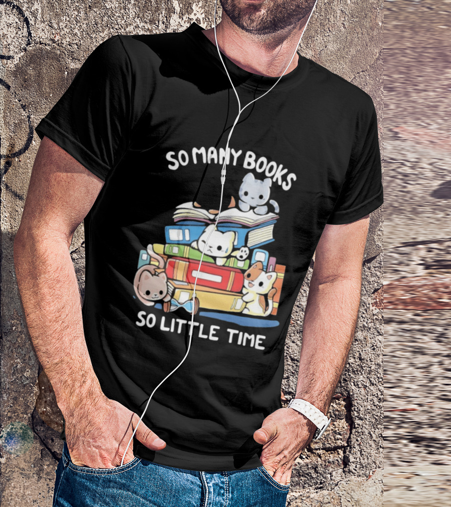 Whimsical Cartoon So Many Books So Little Time Cats Reading T-Shirt