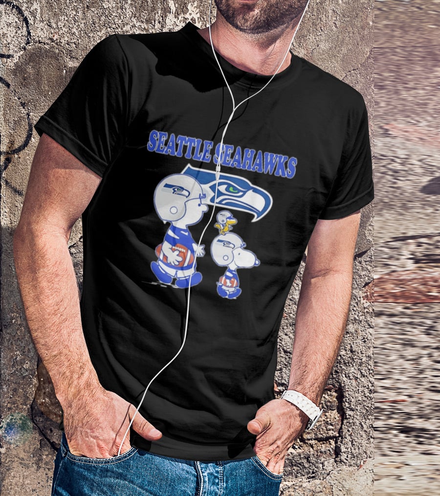 Peanuts Charlie Brown Snoopy Woodstock Playing Football Seattle Seahawks T-Shirt