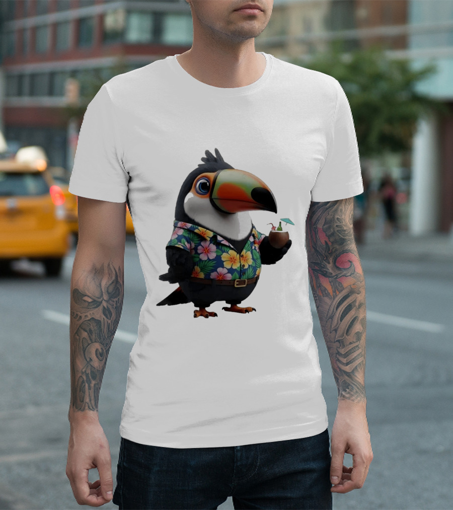 Cartoon Toucan In Hawaiian With Tropical Coconut Drink T-Shirt