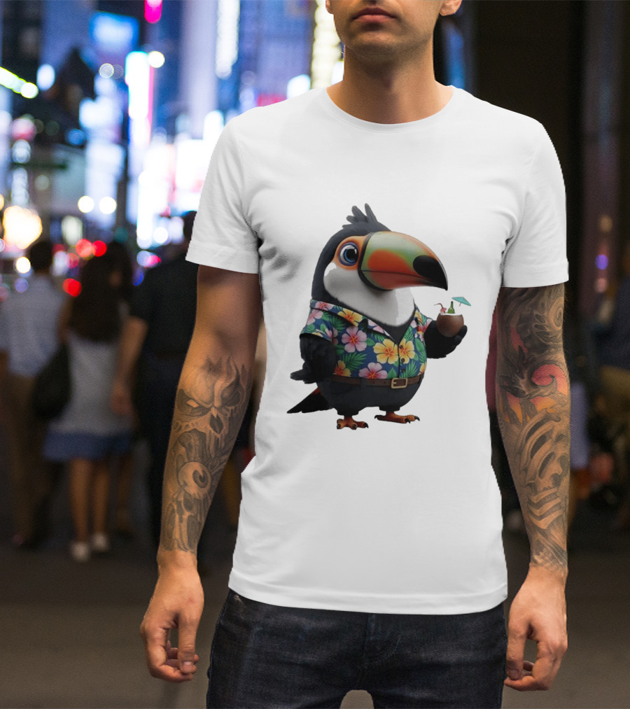 Cartoon Toucan In Hawaiian With Tropical Coconut Drink T-Shirt