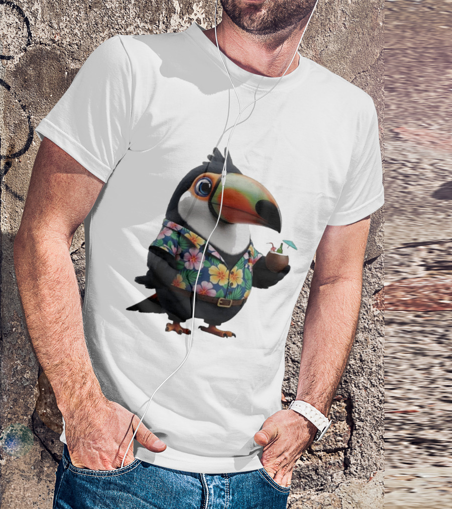 Cartoon Toucan In Hawaiian With Tropical Coconut Drink T-Shirt