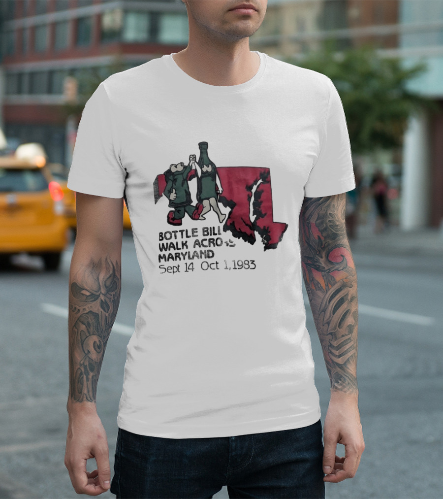Bottle Bill Walk Across Maryland Sept 14 Oct 1 1983 Map And Cartoon Figures T-Shirt