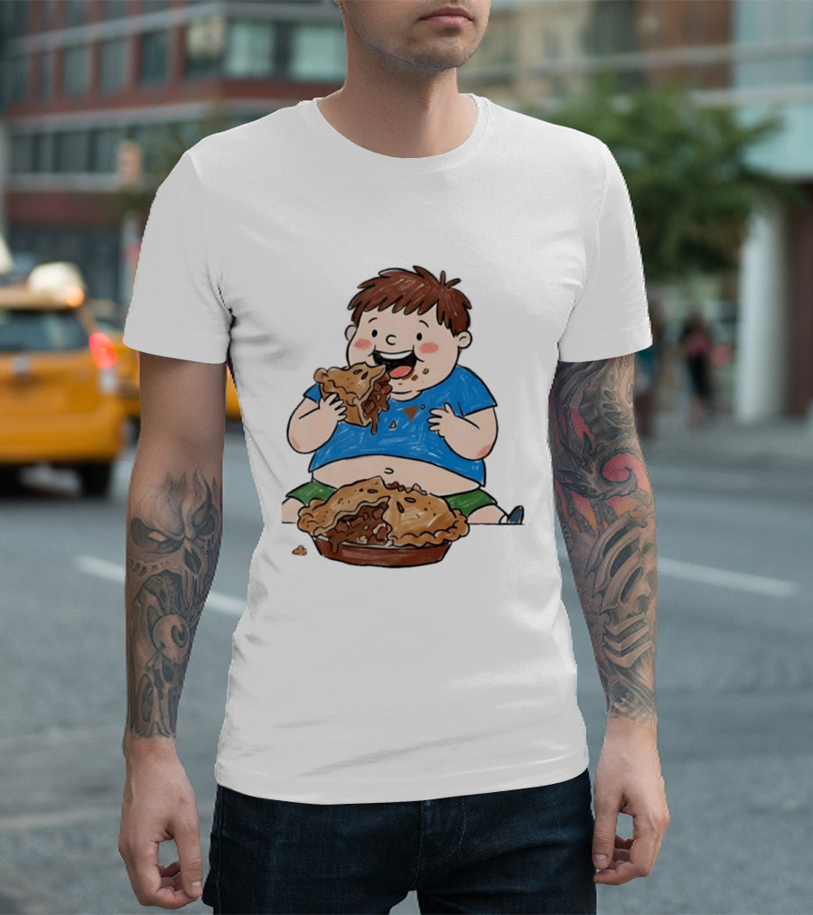 Funny Eating Pies Cartoon Boy Indulging In Delicious Pastry T-Shirt
