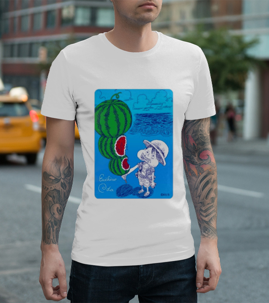 Monkey D Luffy Watermelon Eating Art By Eiichiro Oda One Piece Ocean Scene T-Shirt