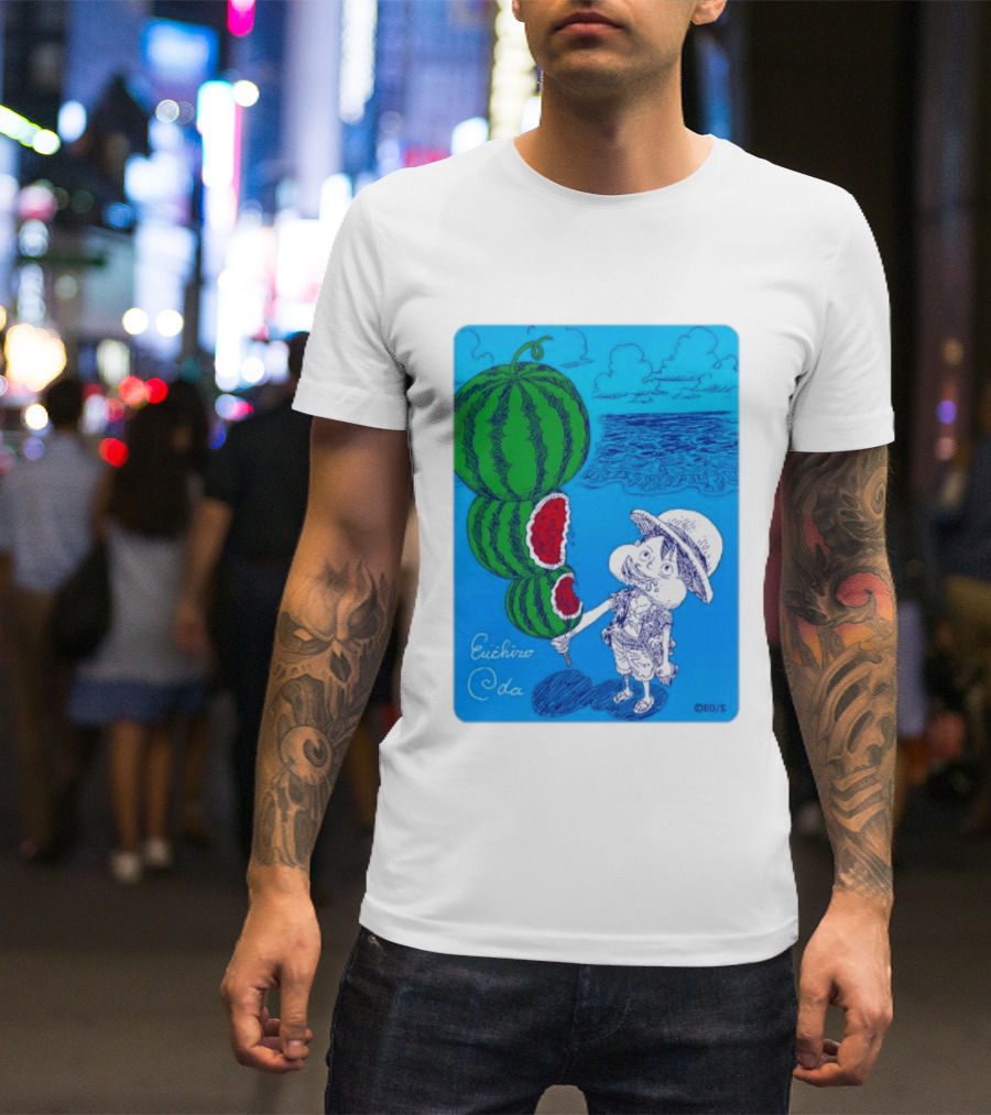 Monkey D Luffy Watermelon Eating Art By Eiichiro Oda One Piece Ocean Scene T-Shirt