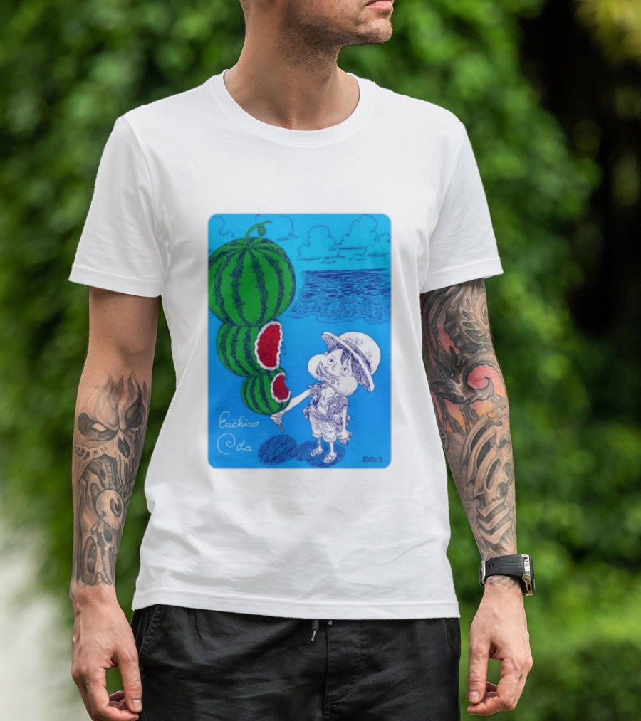 Monkey D Luffy Watermelon Eating Art By Eiichiro Oda One Piece Ocean Scene T-Shirt