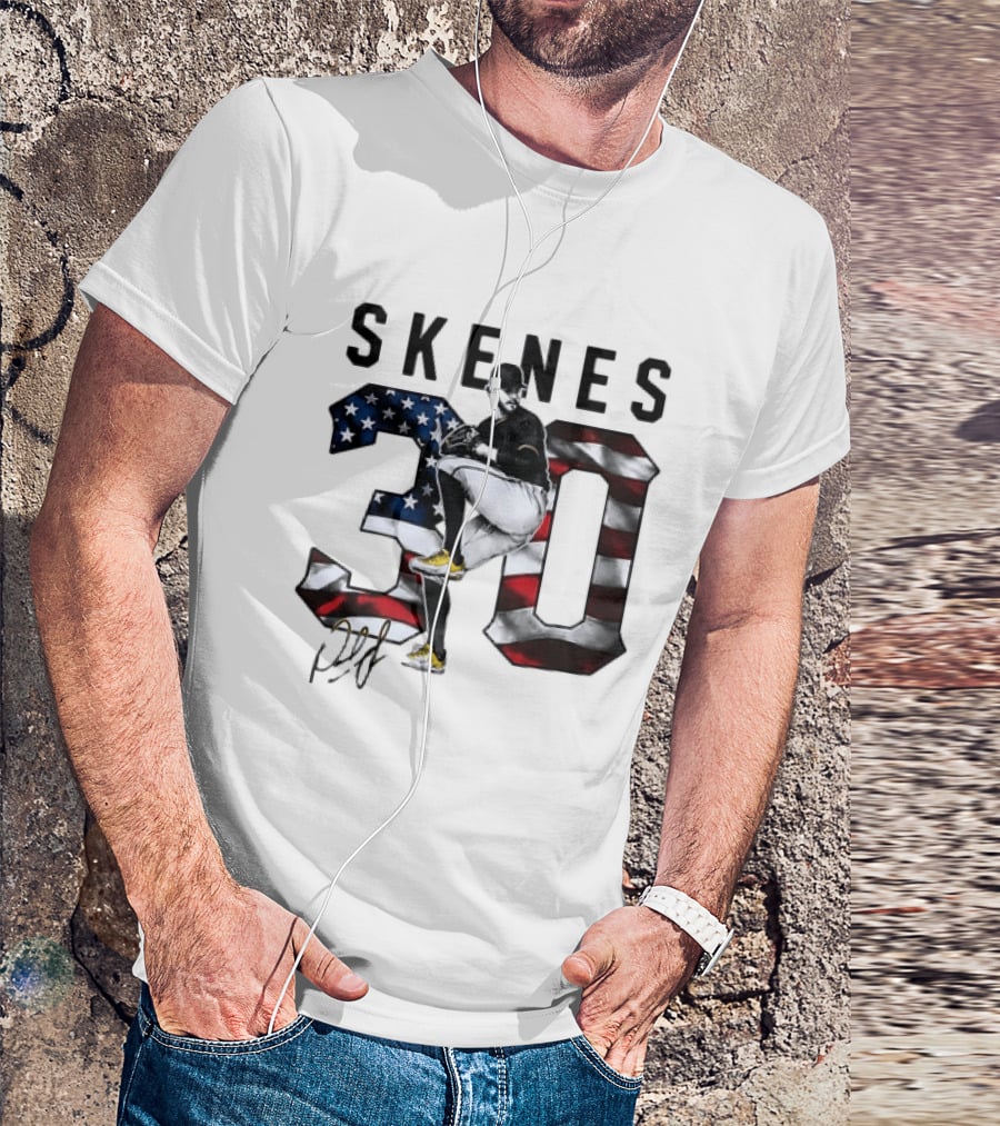 Skenes 30 Pitching Pose Pittsburgh Pirates American Flag Baseball T-Shirt