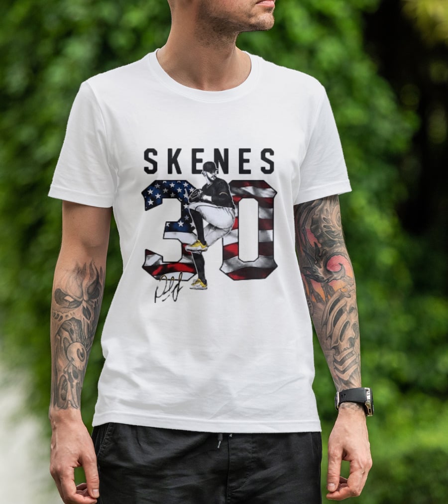 Skenes 30 Pitching Pose Pittsburgh Pirates American Flag Baseball T-Shirt