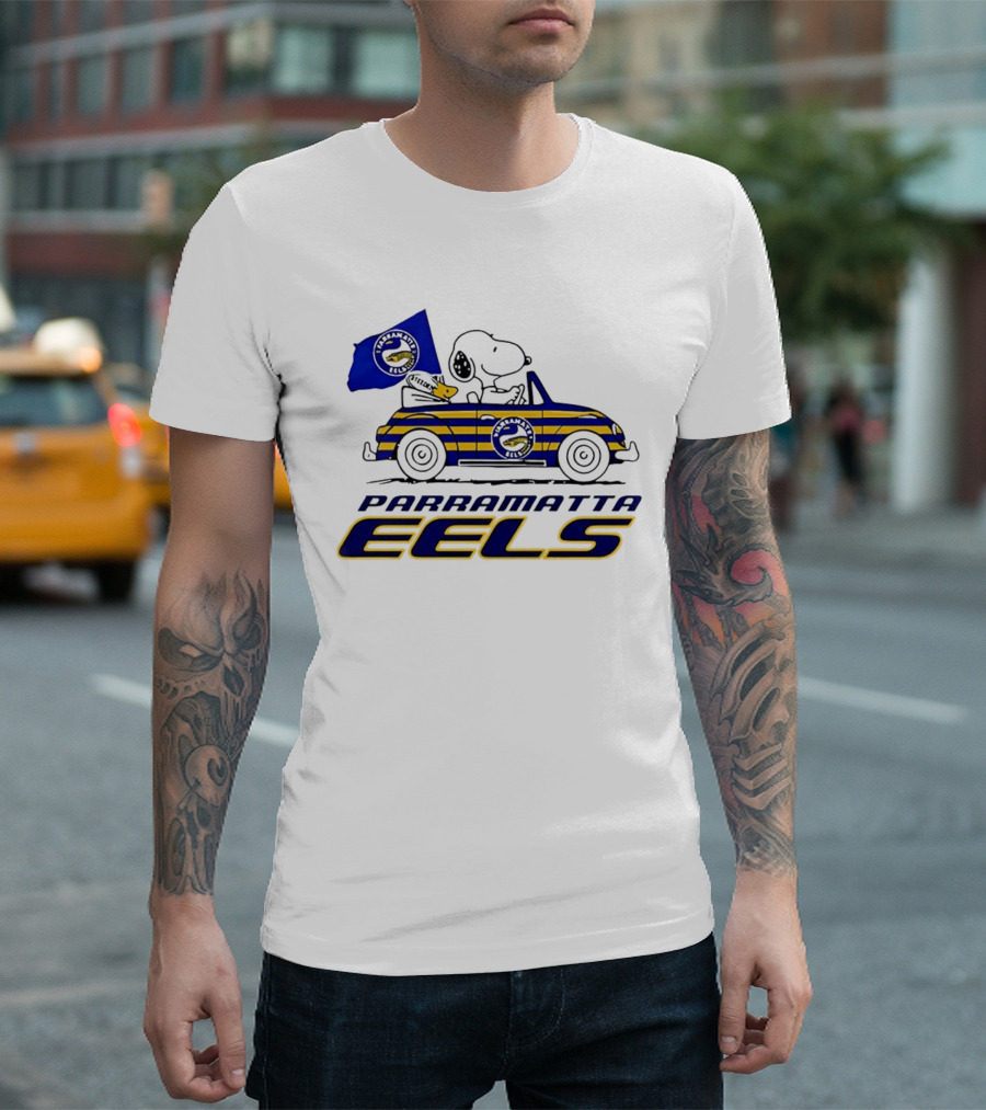 Snoopy Driving Car With Parramatta Eels Flag National Rugby League T-Shirt