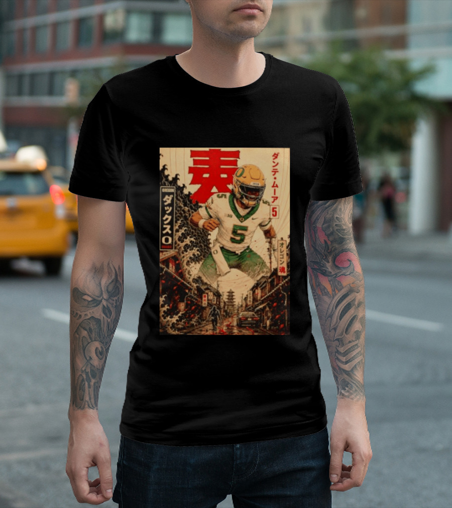 Dante Moore Number 5 Oregon Ducks Football Japanese Art Style Rugged City Scene T-Shirt