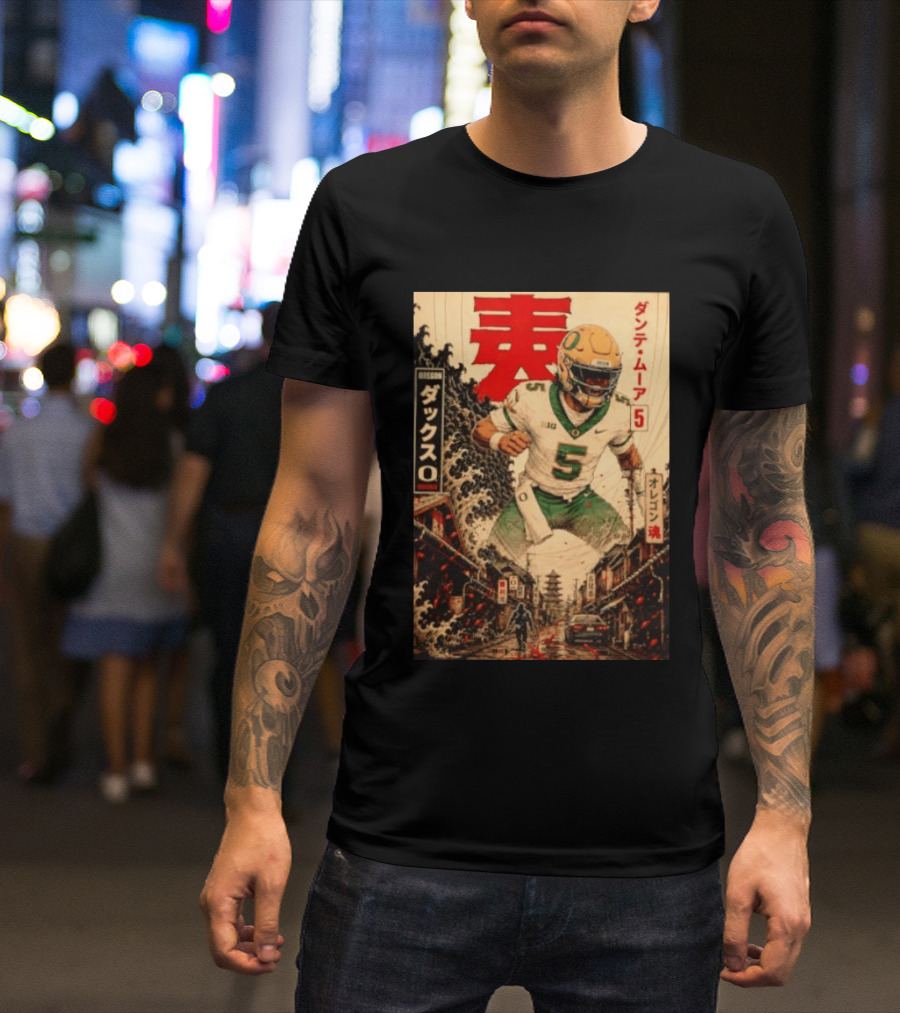 Dante Moore Number 5 Oregon Ducks Football Japanese Art Style Rugged City Scene T-Shirt