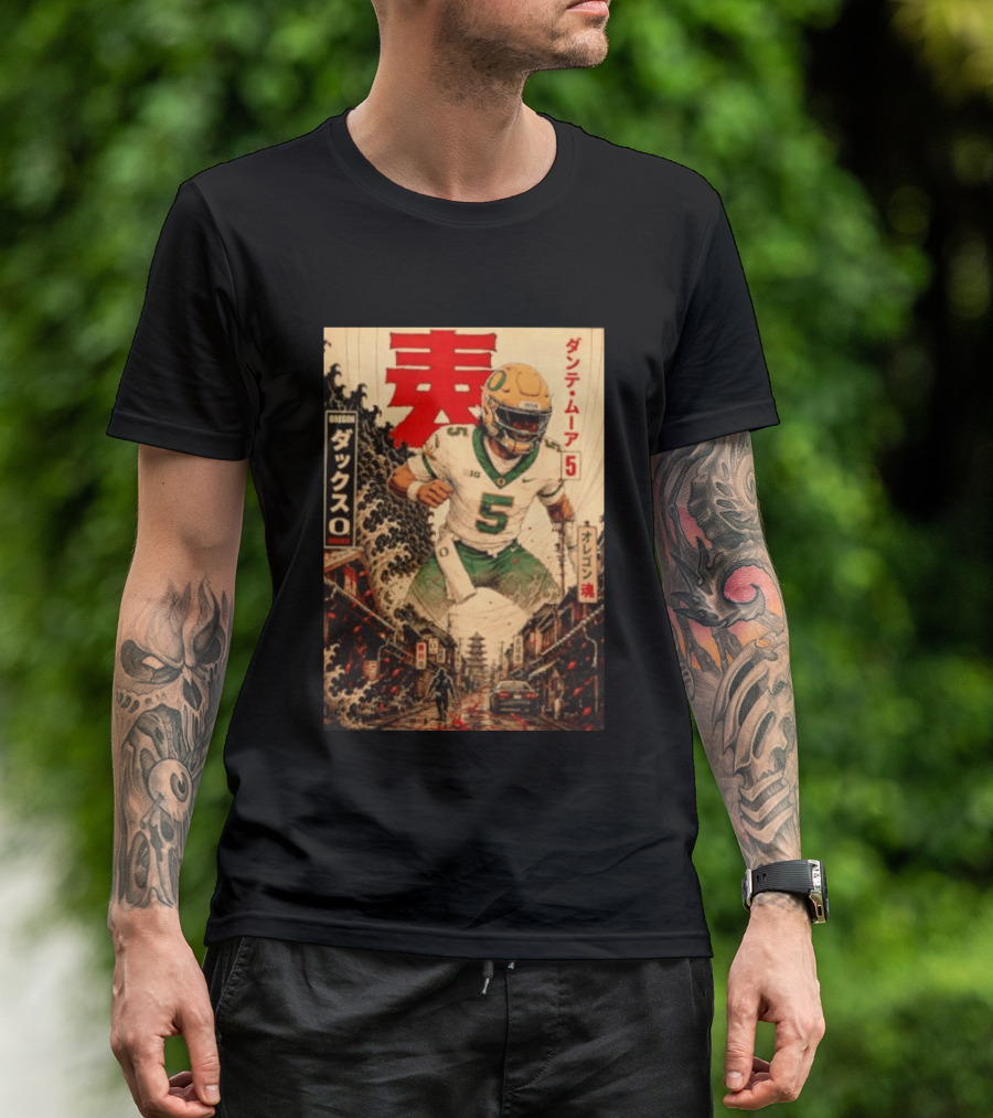 Dante Moore Number 5 Oregon Ducks Football Japanese Art Style Rugged City Scene T-Shirt