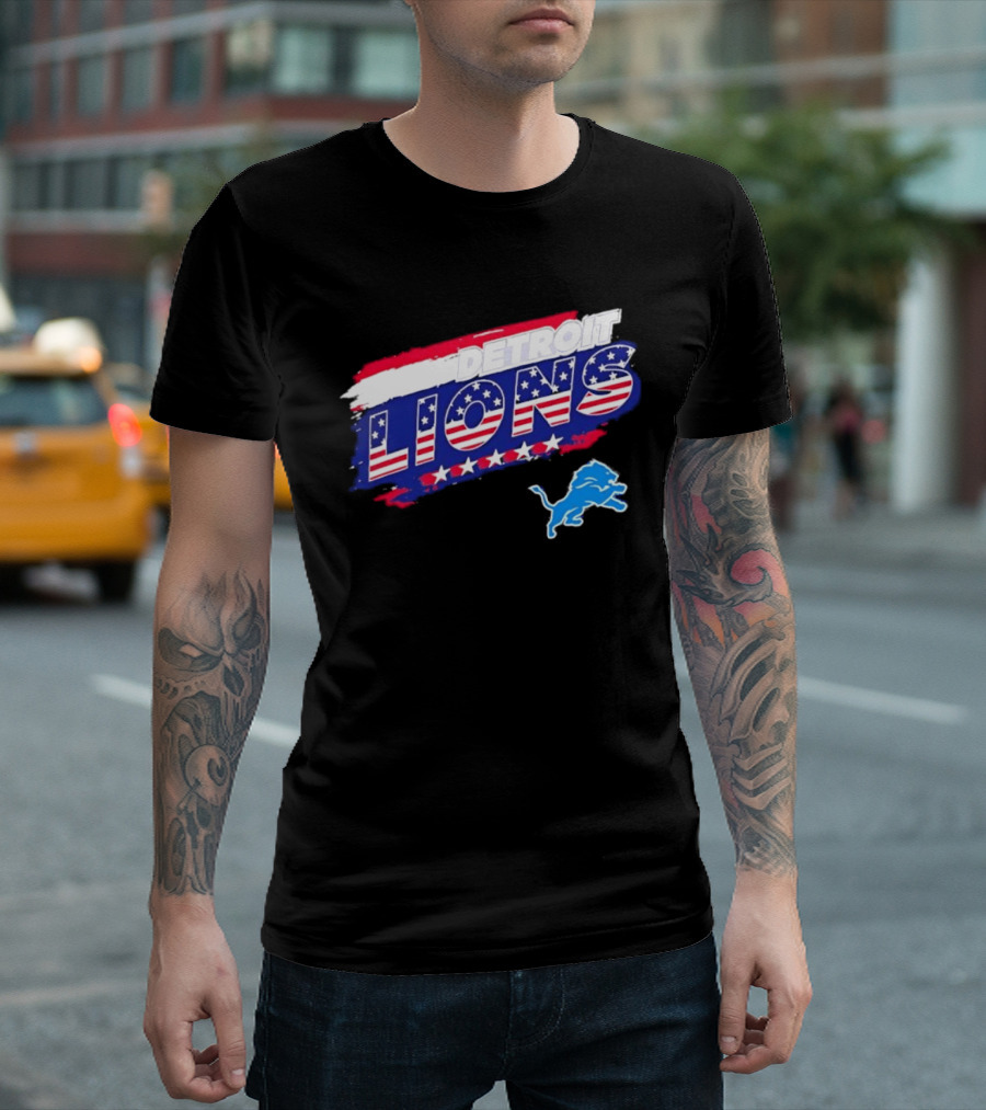 Detroit Lions American Flag Stars Stripes Patriotic NFL Team Spirit T-Shirt