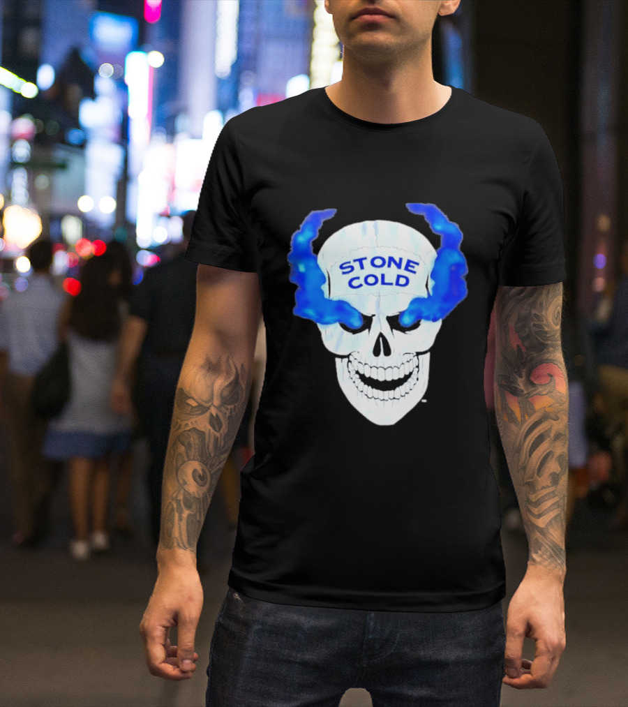 Stone Cold Skull WWE Wrestling Iconic Blue Flames T-Shirt