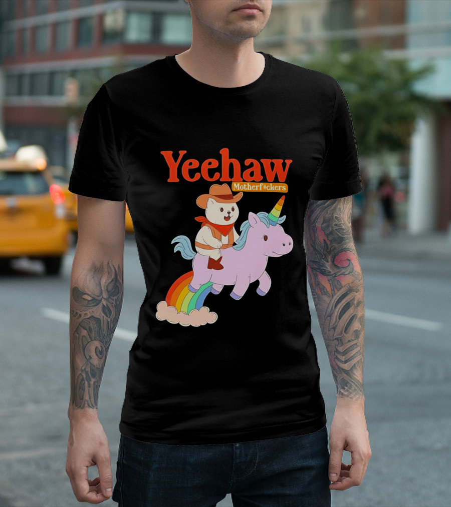 Yeehaw Motherfuckers Cat Cowboy On Rainbow Unicorn T-Shirt