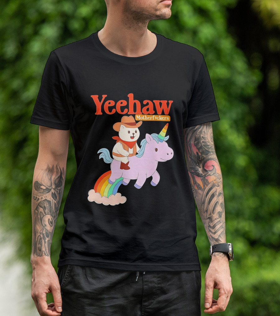 Yeehaw Motherfuckers Cat Cowboy On Rainbow Unicorn T-Shirt