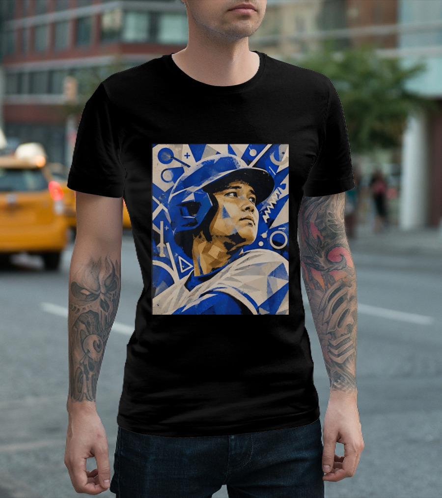 Baseball Player In Geometric Blue Abstract T-Shirt