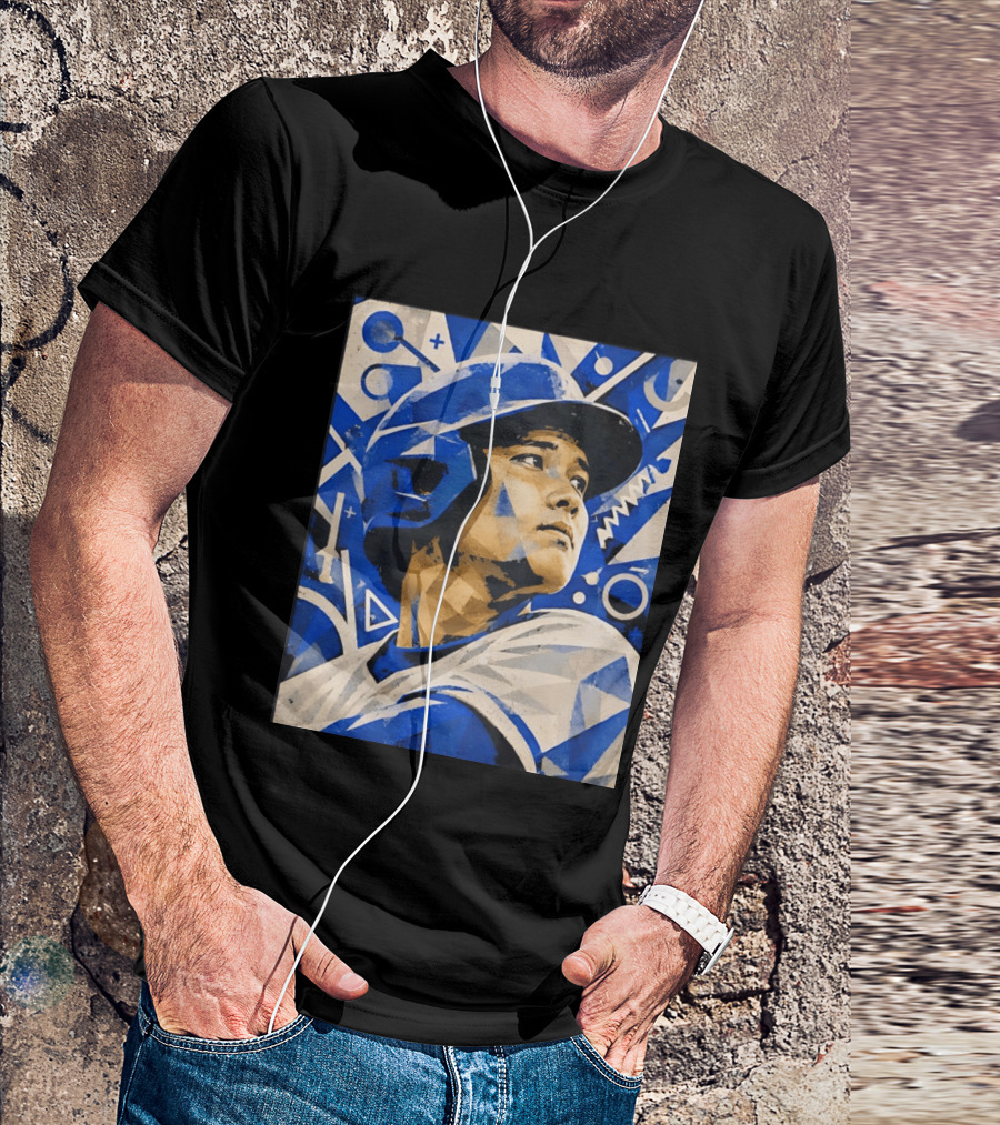 Baseball Player In Geometric Blue Abstract T-Shirt