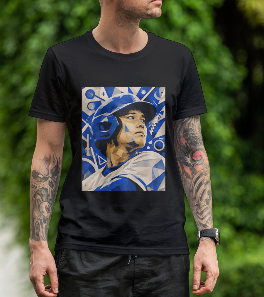 Baseball Player In Geometric Blue Abstract T-Shirt