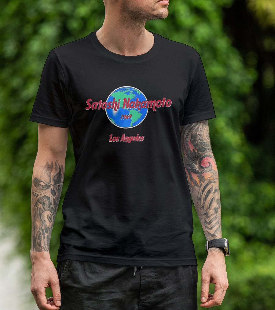 Satoshi Nakamoto 1969 Los Angeles World Map T-Shirt