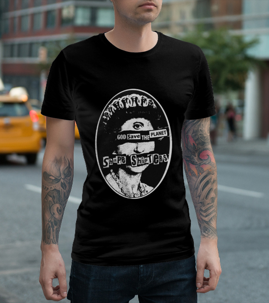 God Save The Planet Shape Shifters Queen Elizabeth Iconic Collage T-Shirt