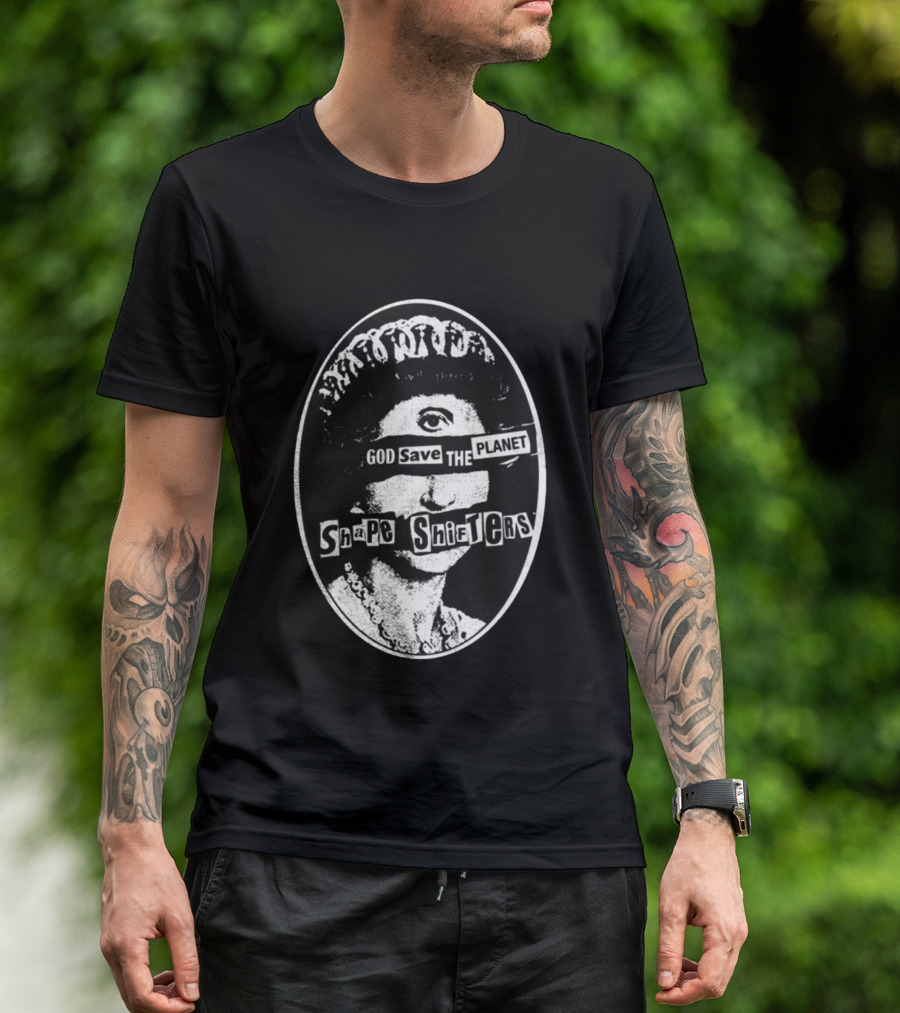 God Save The Planet Shape Shifters Queen Elizabeth Iconic Collage T-Shirt