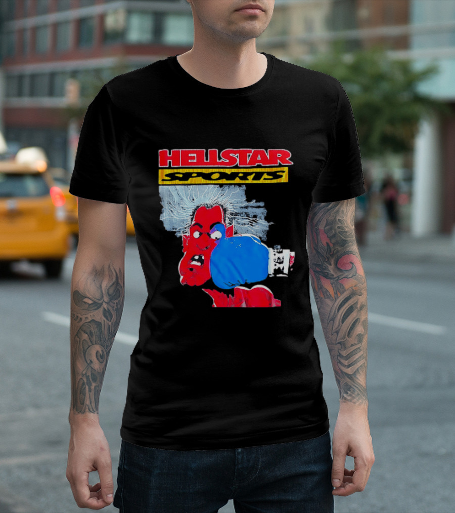 HELLSTAR SPORTS Punching Devil Cartoon Boxing Blue Glove T-Shirt