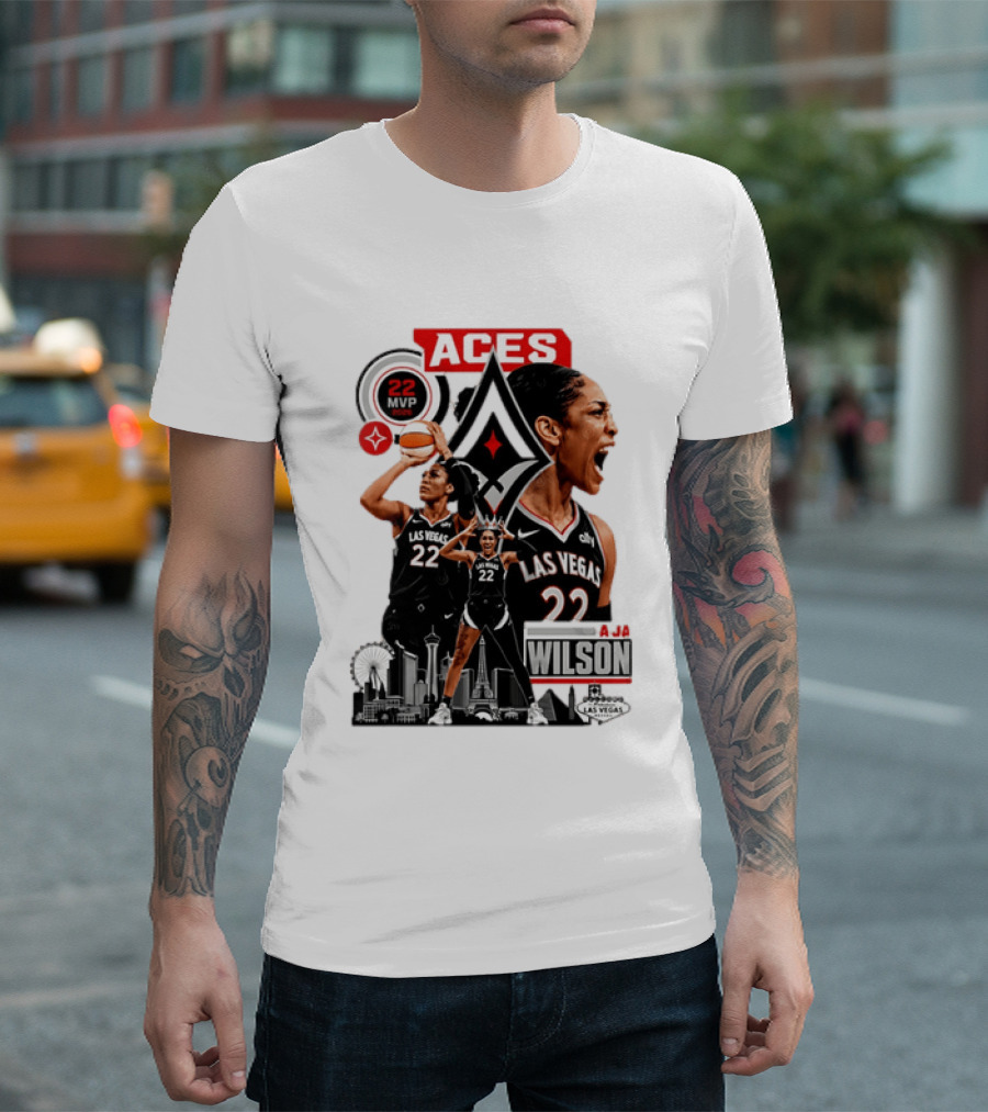 Las Vegas Aces A'ja Wilson 22 MVP Skyline Basketball T-Shirt
