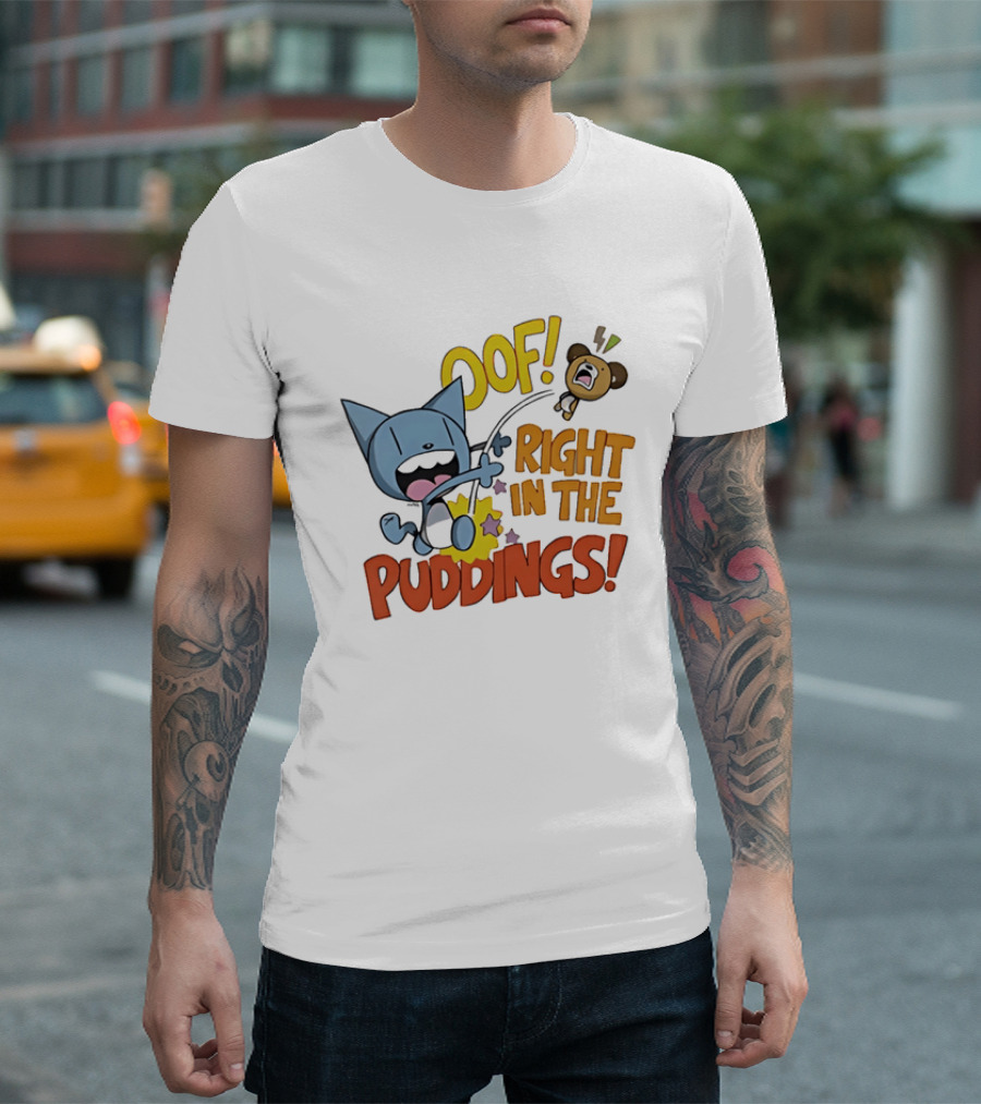 Looshkin Oof Right In The Puddings Funny Cat And Bear Cartoon Humor T-Shirt