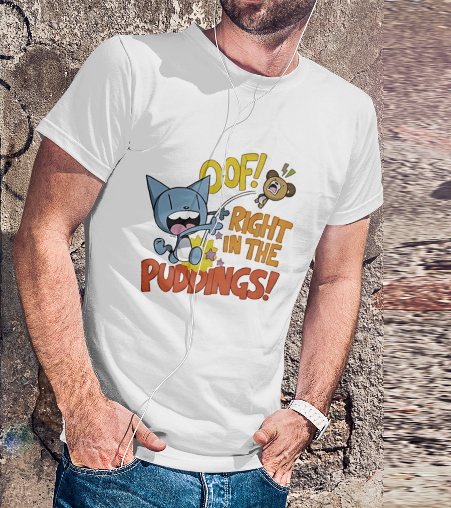 Looshkin Oof Right In The Puddings Funny Cat And Bear Cartoon Humor T-Shirt