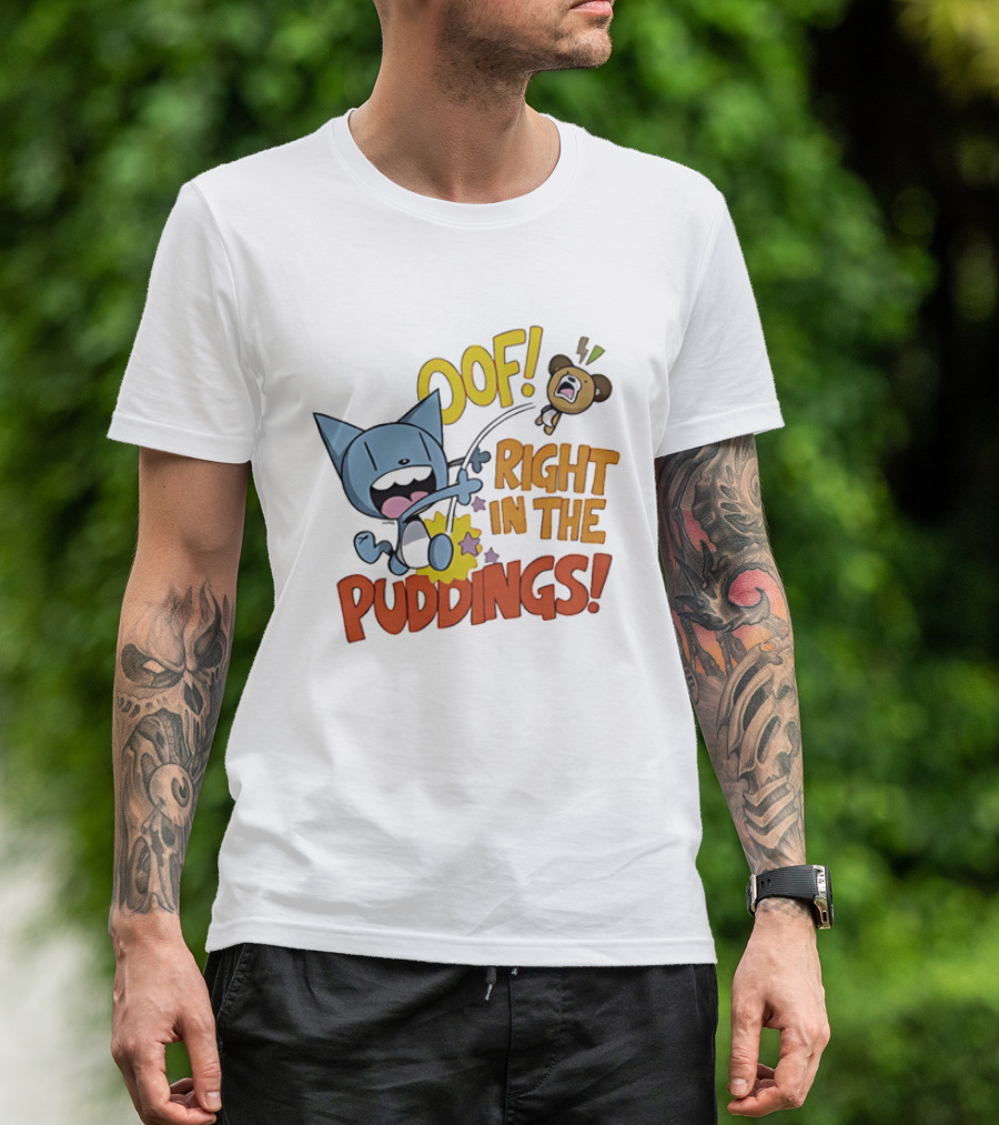 Looshkin Oof Right In The Puddings Funny Cat And Bear Cartoon Humor T-Shirt