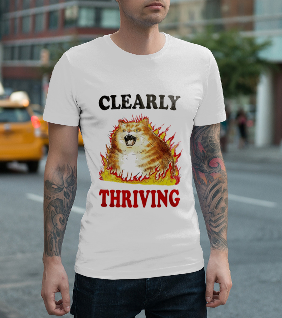 Clearly Thriving Fat Orange Tabby Cat Flames T-Shirt