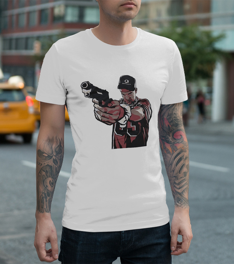 Man Pointing Gun Graphic With Number 89 And Hat Logo Codestructor T-Shirt