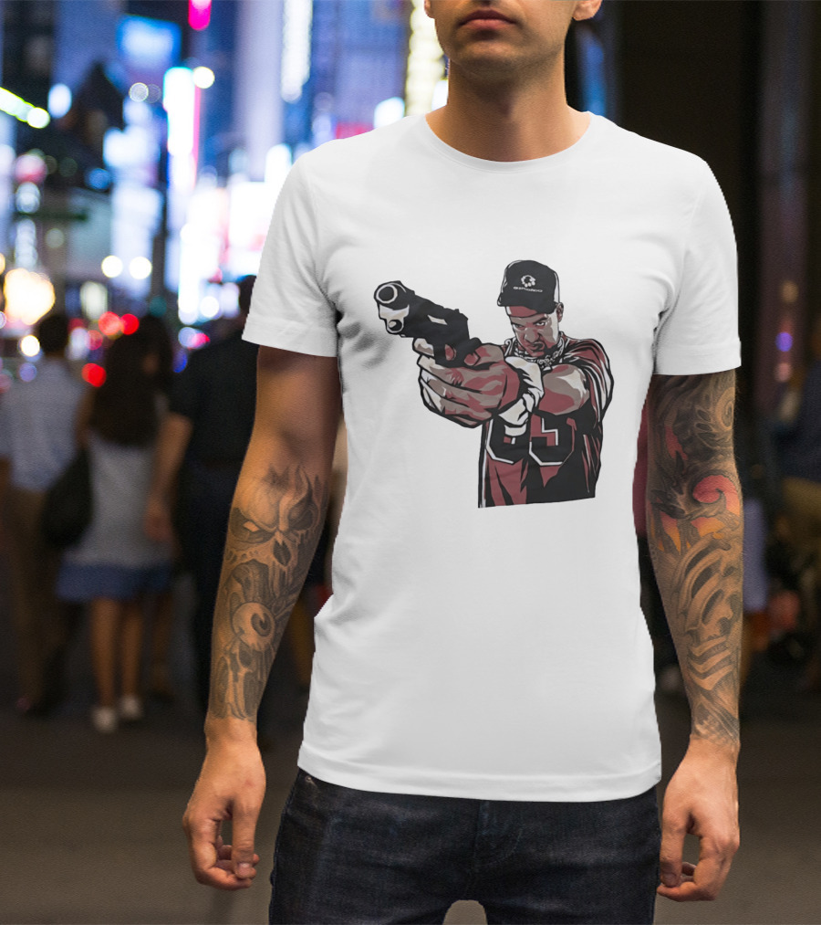 Man Pointing Gun Graphic With Number 89 And Hat Logo Codestructor T-Shirt
