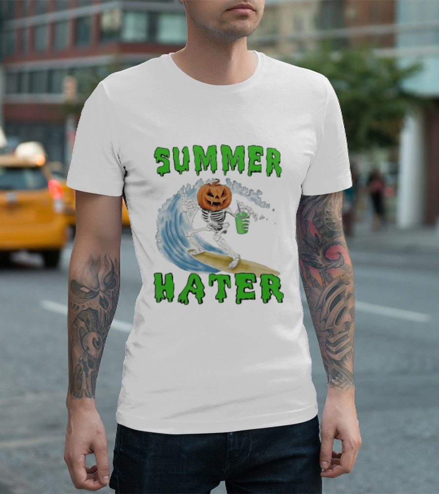 Skeleton With Pumpkin Head Surfing Wave Summer Hater T-Shirt