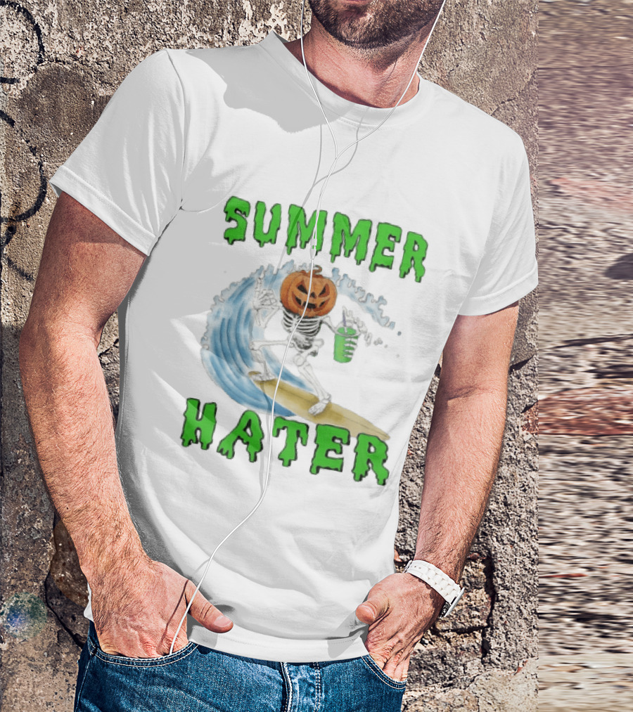 Skeleton With Pumpkin Head Surfing Wave Summer Hater T-Shirt