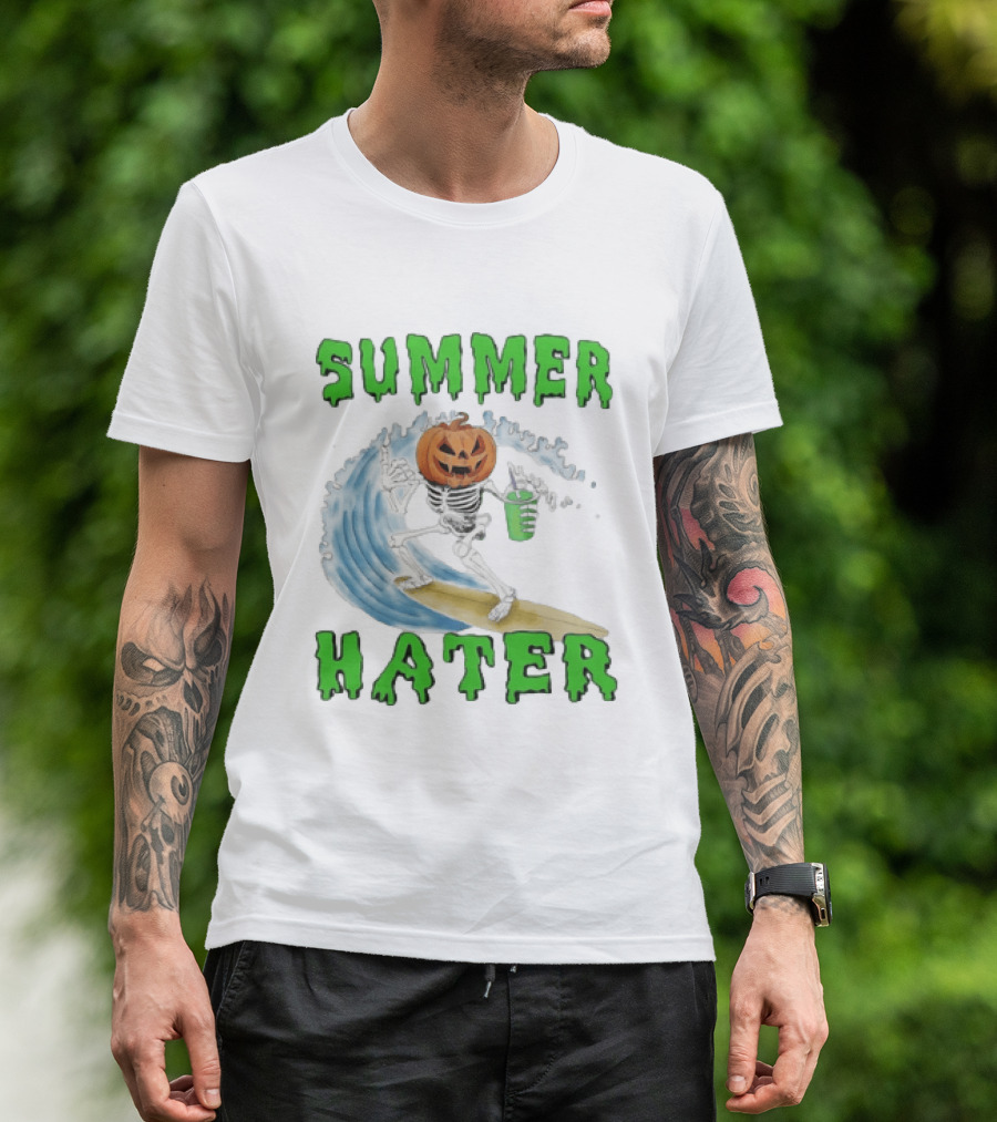 Skeleton With Pumpkin Head Surfing Wave Summer Hater T-Shirt