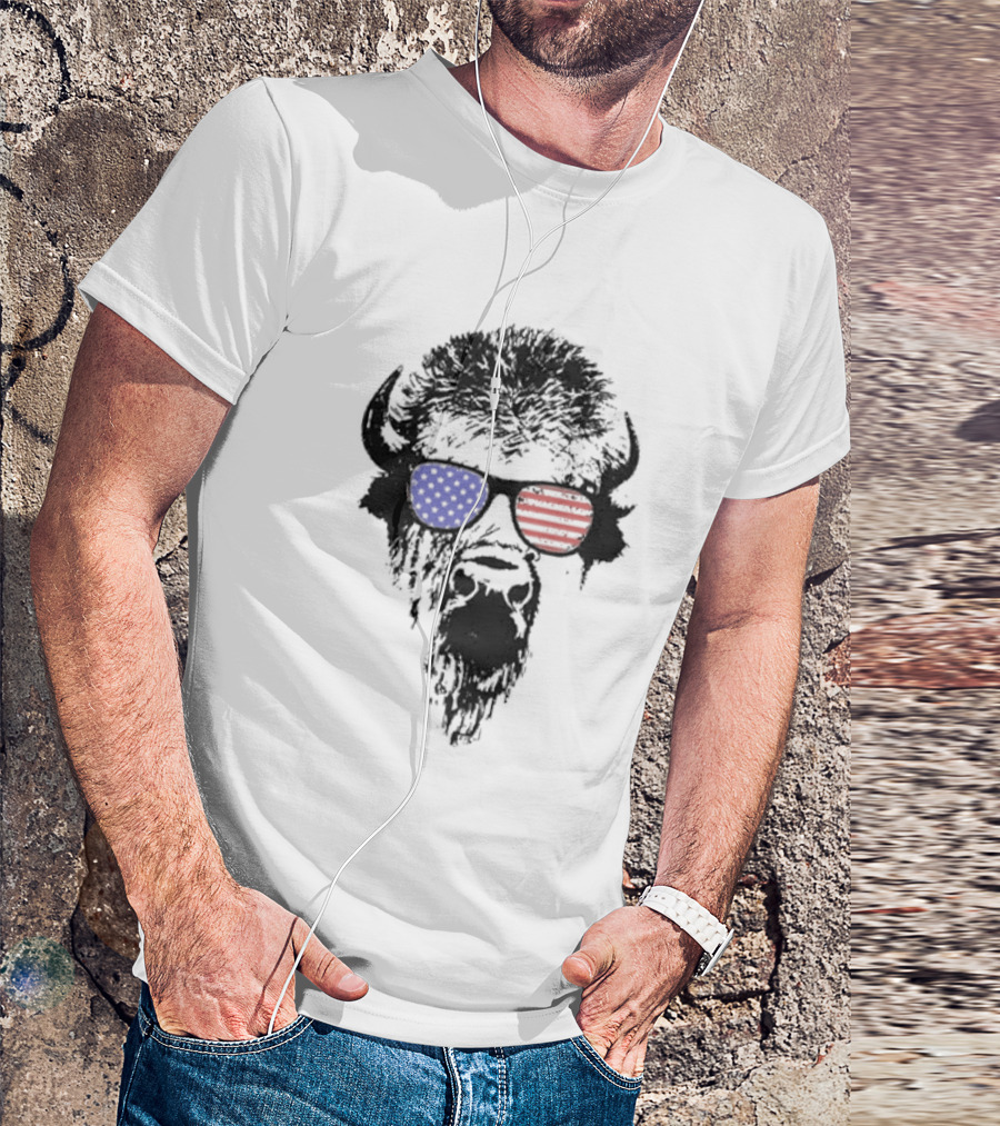 Patriotic Buffalo With USA Flag Red White Blue Sunglasses T-Shirt