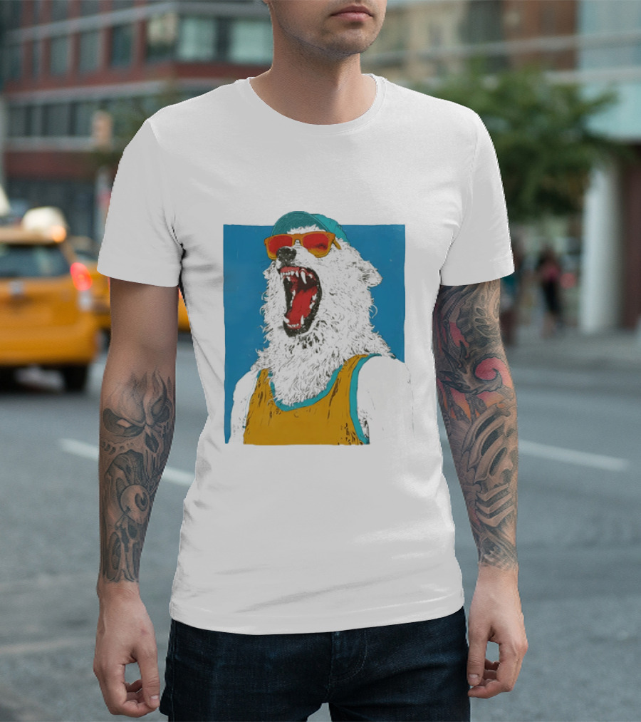 Polar Bear Wearing Sunglasses And Cap In Yellow Roaring T-Shirt
