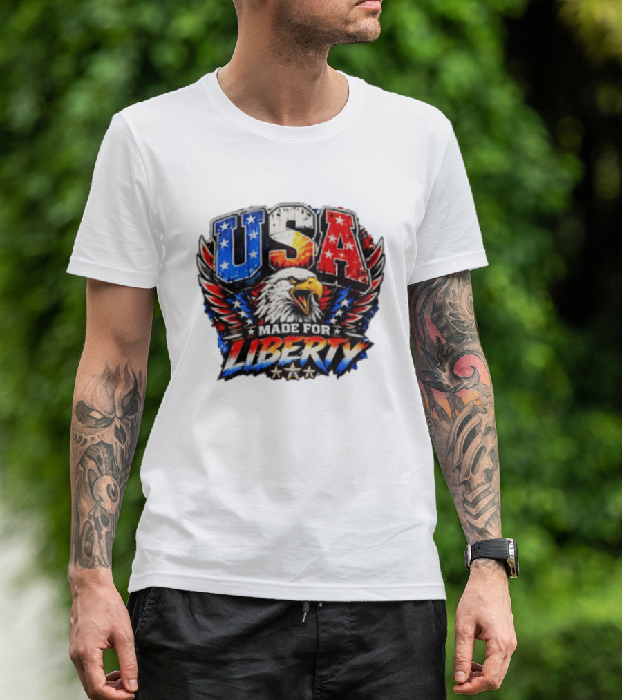 USA Eagle Made For Liberty Patriotic American Flag Stars T-Shirt