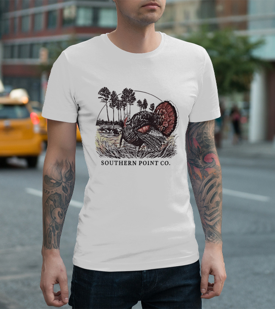 Southern Point Co. Turkey Strutting In The Field With Pine Trees And Horizon Scene T-Shirt