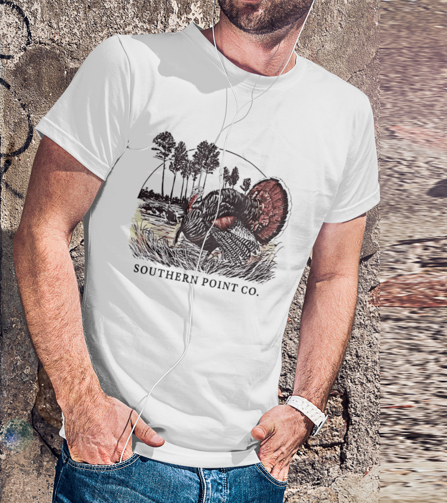 Southern Point Co. Turkey Strutting In The Field With Pine Trees And Horizon Scene T-Shirt