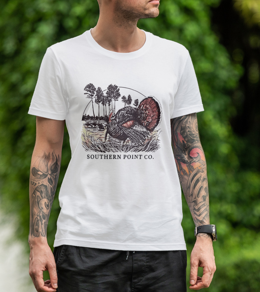 Southern Point Co. Turkey Strutting In The Field With Pine Trees And Horizon Scene T-Shirt