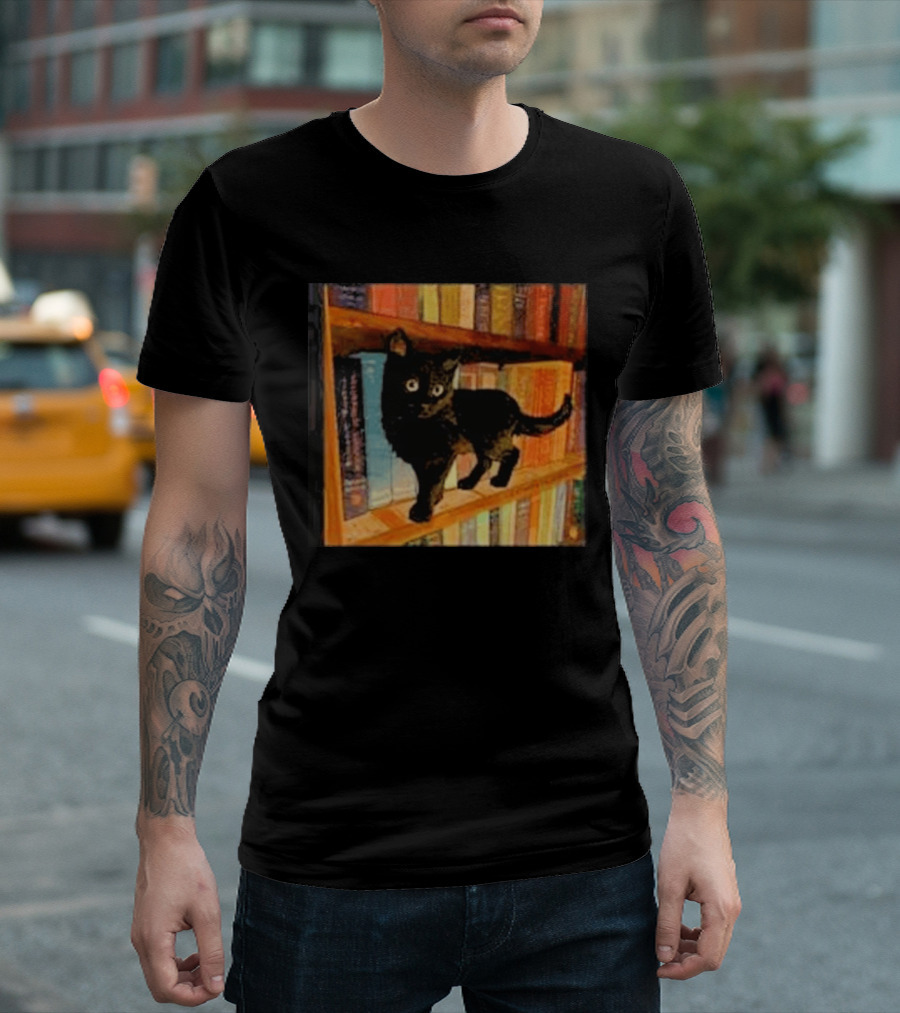 Black Cat On Bookshelf With Colorful Books T-Shirt