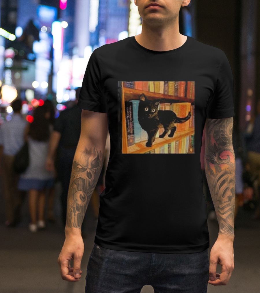 Black Cat On Bookshelf With Colorful Books T-Shirt