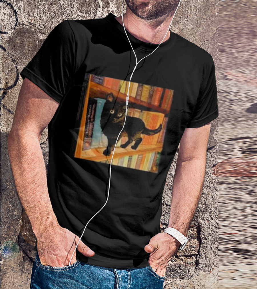 Black Cat On Bookshelf With Colorful Books T-Shirt