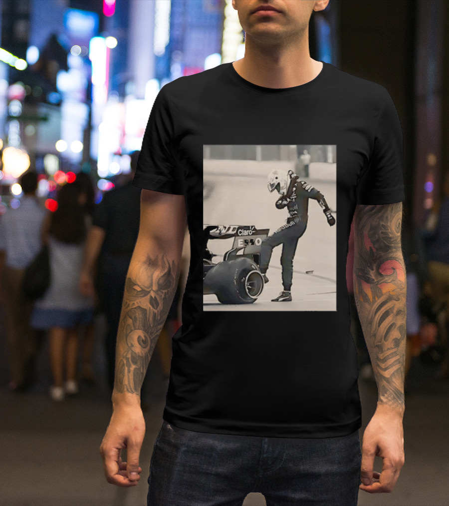 Max Verstappen Kicks Racing Tire Trackside In Racing Suit T-Shirt